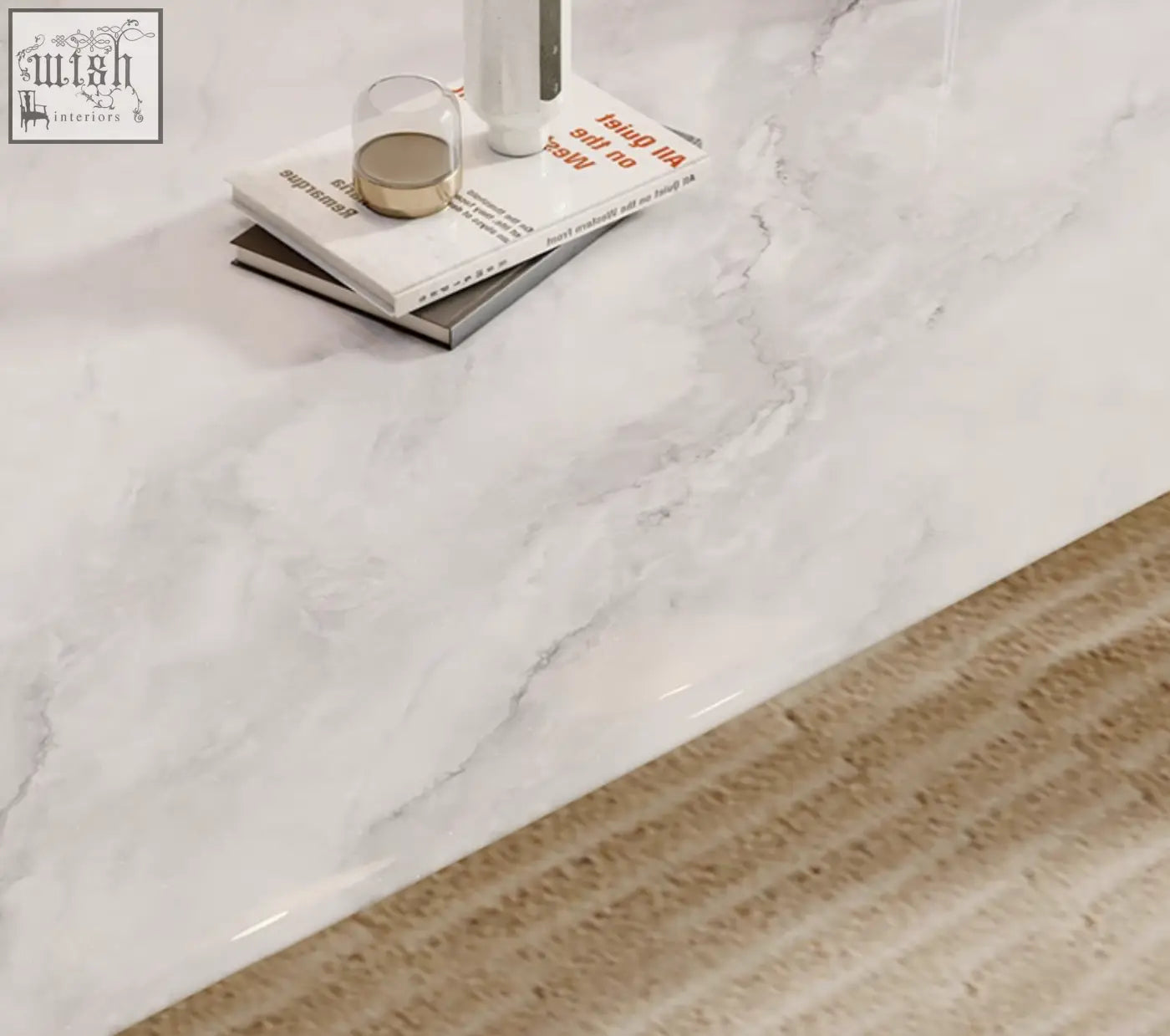 White marble dining table countertop with subtle gray veining on felicia marble dining table