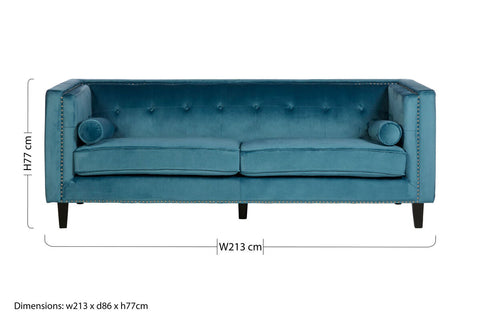 Felisa 3 Seat Teal Blue Velvet Sofa