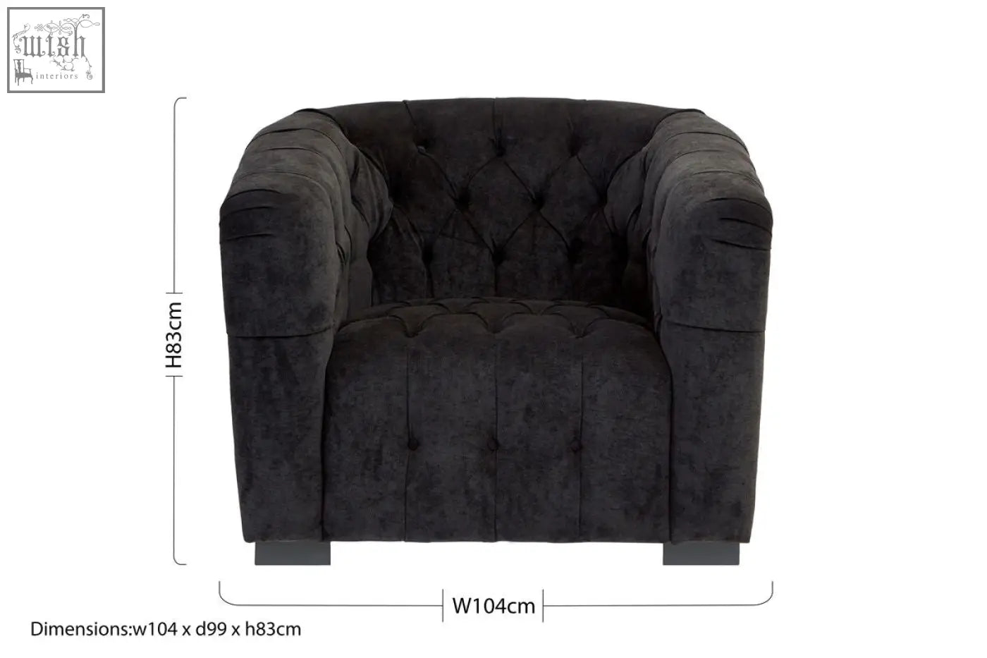 Fenton black fabric armchair in black tufted velvet with classic cushioned design and sturdy rectangular legs