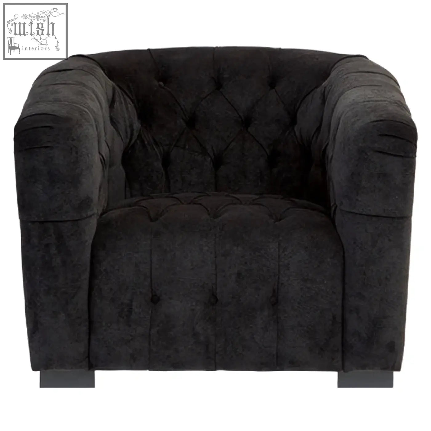 Fenton black fabric armchair in black tufted velvet with classic cushioned design for comfy seating
