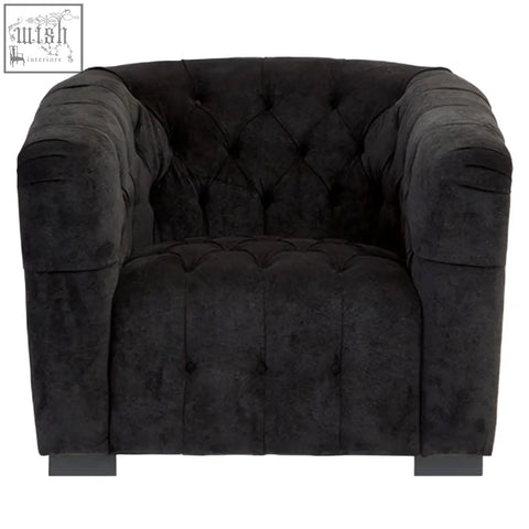 Fenton black fabric armchair in black tufted velvet with classic cushioned design for comfy seating