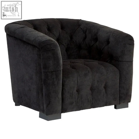 Black fabric armchair with tufted velvet and classic cushioned design in fenton black fabric style