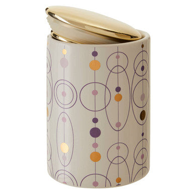 Cream-colored fenwick canister with gold finish lid featuring abstract geometric pattern in muted orange purple and gray tones