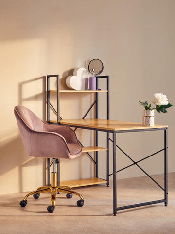 Pink velvet fenwick hair cosmetic brush holder chair with gold-tone base and casters for stylish office use