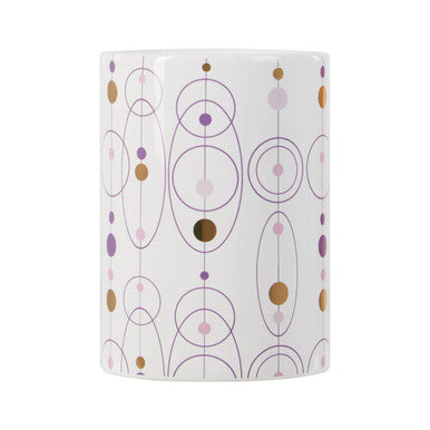 Fenwick hair white ceramic cosmetic brush holder with geometric circles and dots in soft purple gold and pink hues