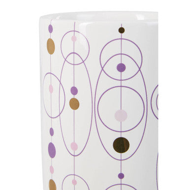 White cylindrical fenwick hair cosmetic brush holder with purple and gold geometric circle pattern