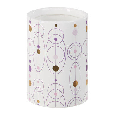 Fenwick hair white ceramic cosmetic brush holder with purple gold black geometric circles and dots pattern