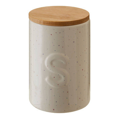 Cream-colored speckled ceramic fenwick sugar canister with natural wood lid and embossed s, perfect for choose orsina fans