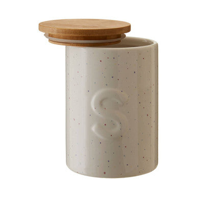 Cream-colored speckled ceramic fenwick sugar canister with natural wood lid for kitchen storage