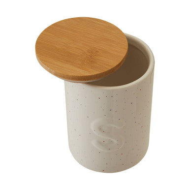 Cream-colored speckled ceramic fenwick sugar canister with round bamboo lid perfect for storing sugar choose orsina