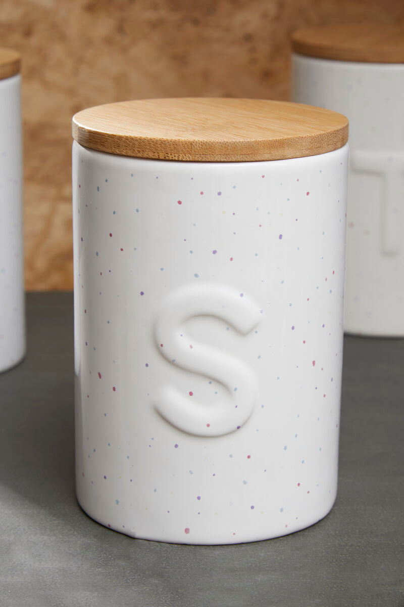 White ceramic fenwick sugar canister with speckled finish wooden lid and embossed letter s perfect for choose orsina