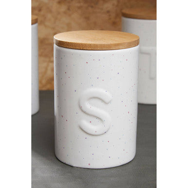 White speckled ceramic fenwick sugar canister with natural wood lid and embossed s perfect for choose orsina kitchen