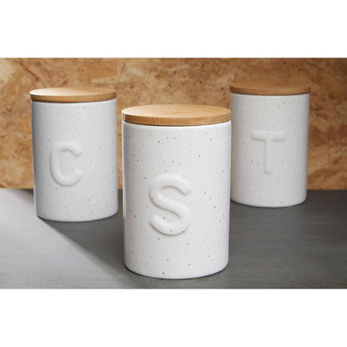 White speckled ceramic fenwick sugar canister with wooden lid and embossed letters for kitchen storage
