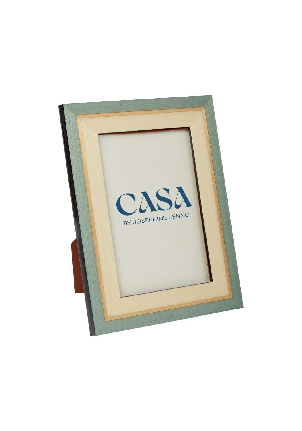 A sleek light green wooden ferrante marquetry frame 6x4 with a cream inner border and casa by josephine jenno logo