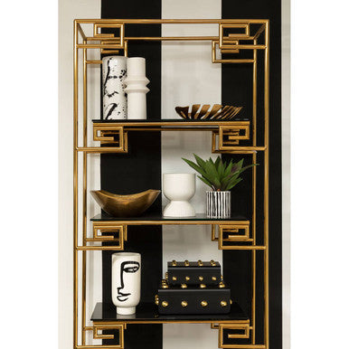 Gold-toned geometric frame shelving unit with black glass shelves paired with fia white planter for stylish decor