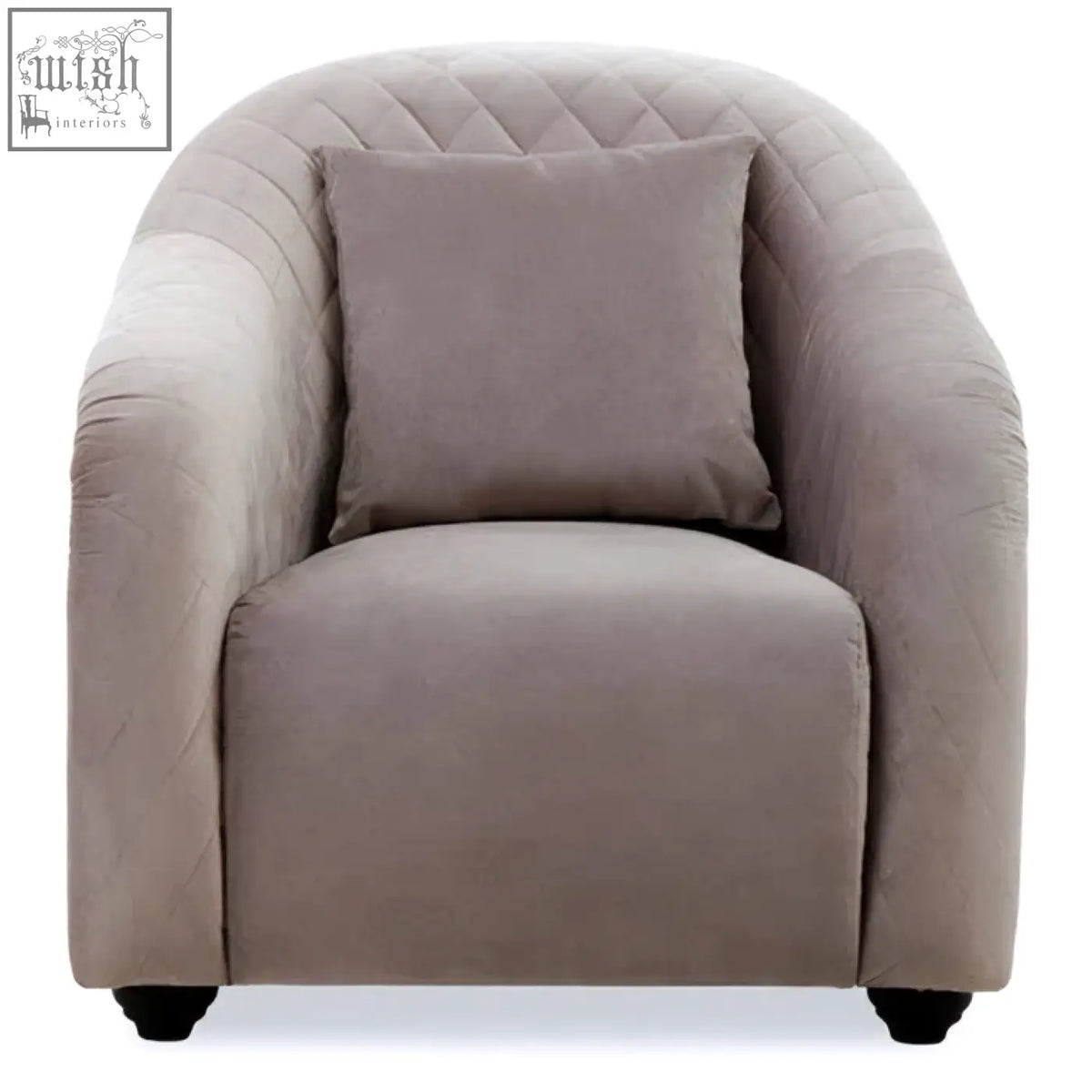 Beige quilted velvet fifi grey chair with matching cushion and black feet perfect for stylish seating
