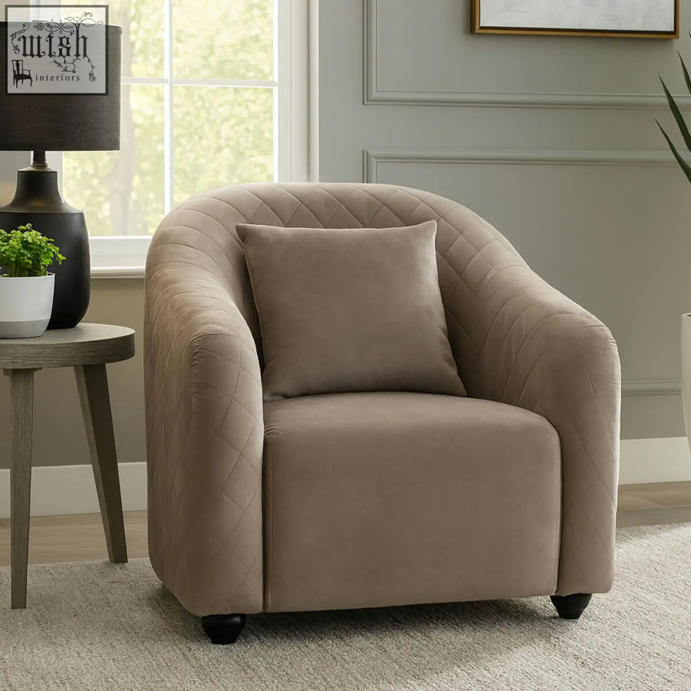Beige quilted velvet armchair with matching cushion showcasing the fifi grey velvet chair style and comfort