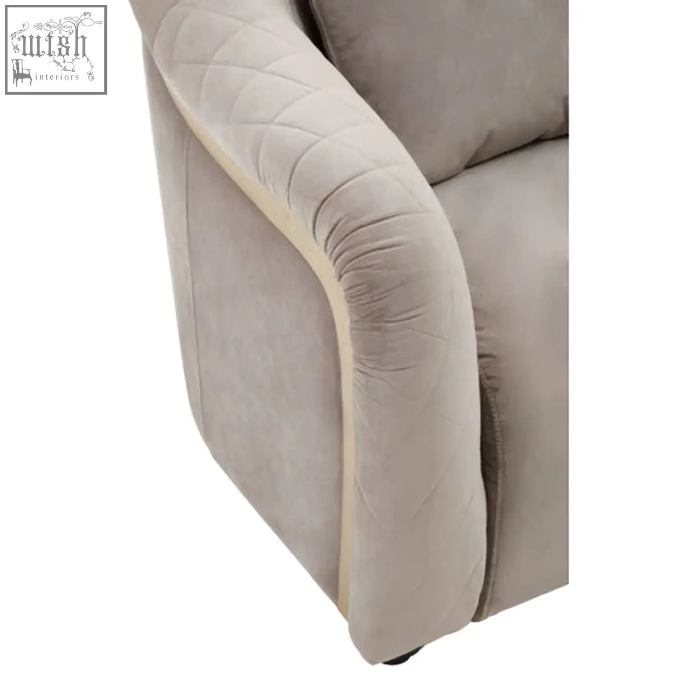 Beige quilted velvet armrest with plush texture and diamond stitching on fifi grey velvet chair