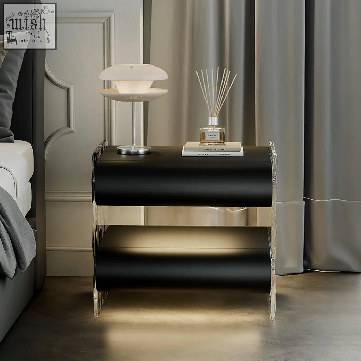Black lacquered figueroa bedside table with transparent acrylic legs storage and built-in light strip