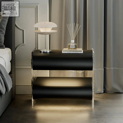Black lacquered figueroa bedside table with transparent acrylic legs storage and built-in light strip