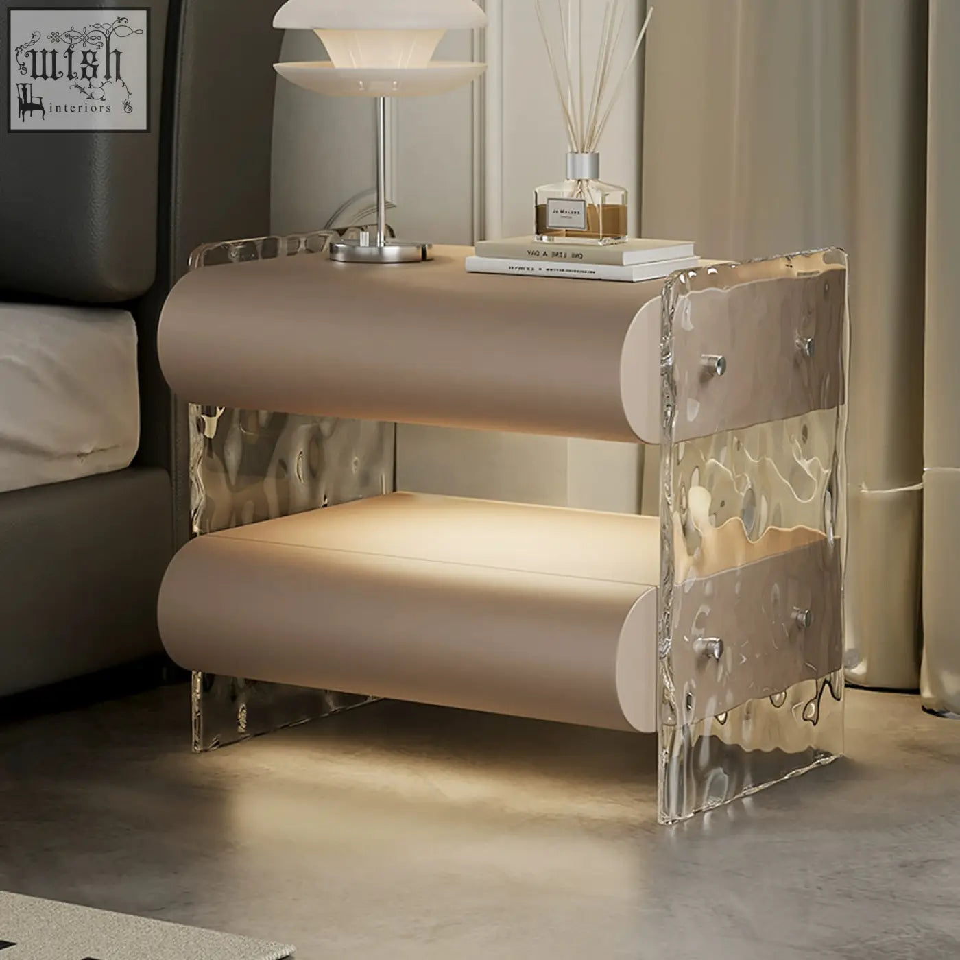 Modern figueroa bedside table with frosted glass panels beige curved acrylic shelves and built-in light strip storage