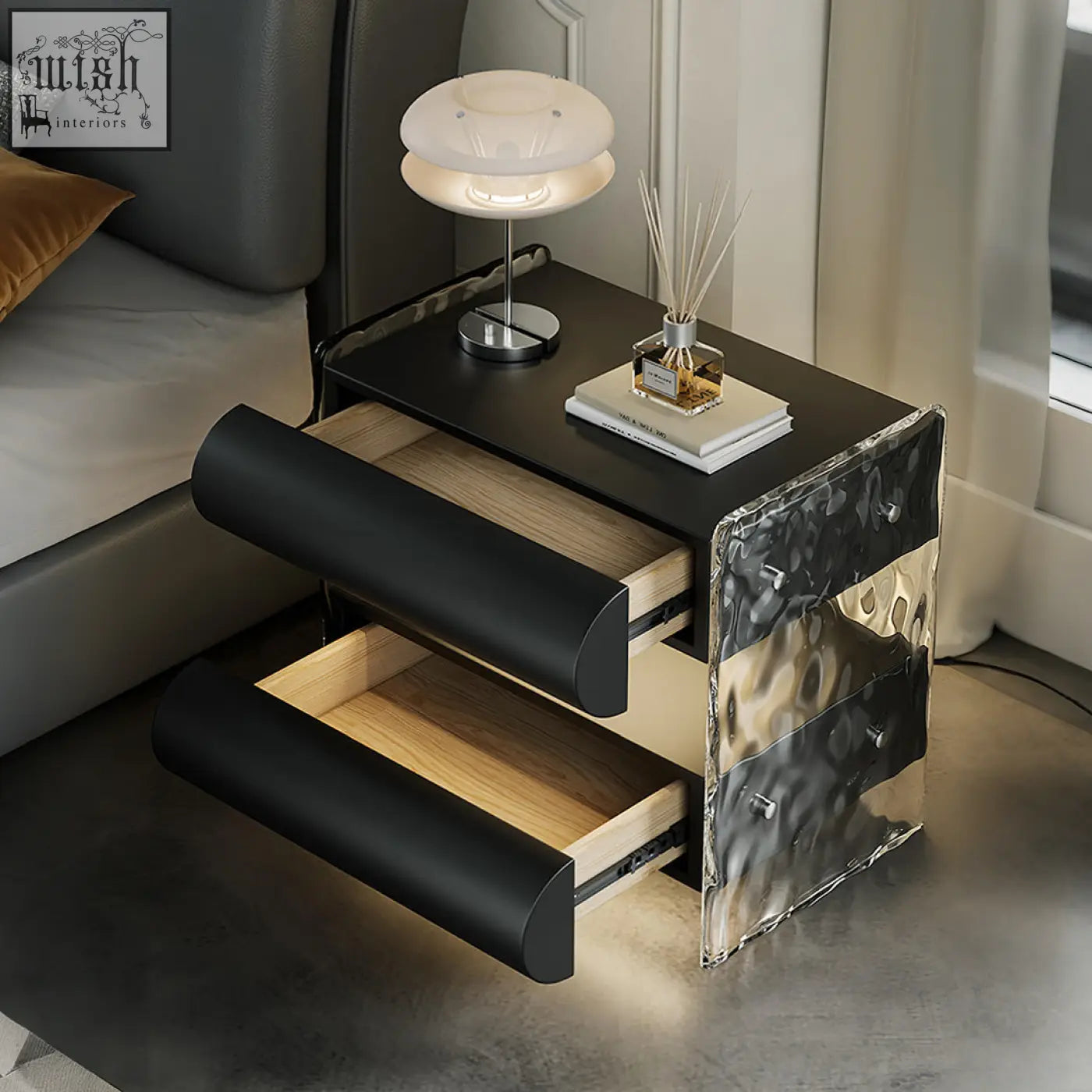 Modern black and hammered silver figueroa bedside table with curved drawer fronts and built-in light strip for storage