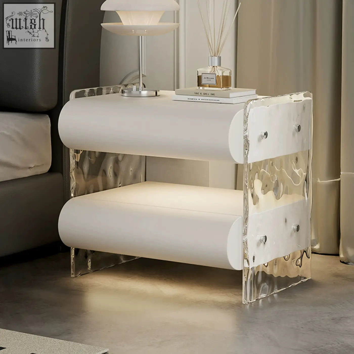 Modern white and transparent acrylic figueroa bedside table with curved cylindrical shelves and light strip storage