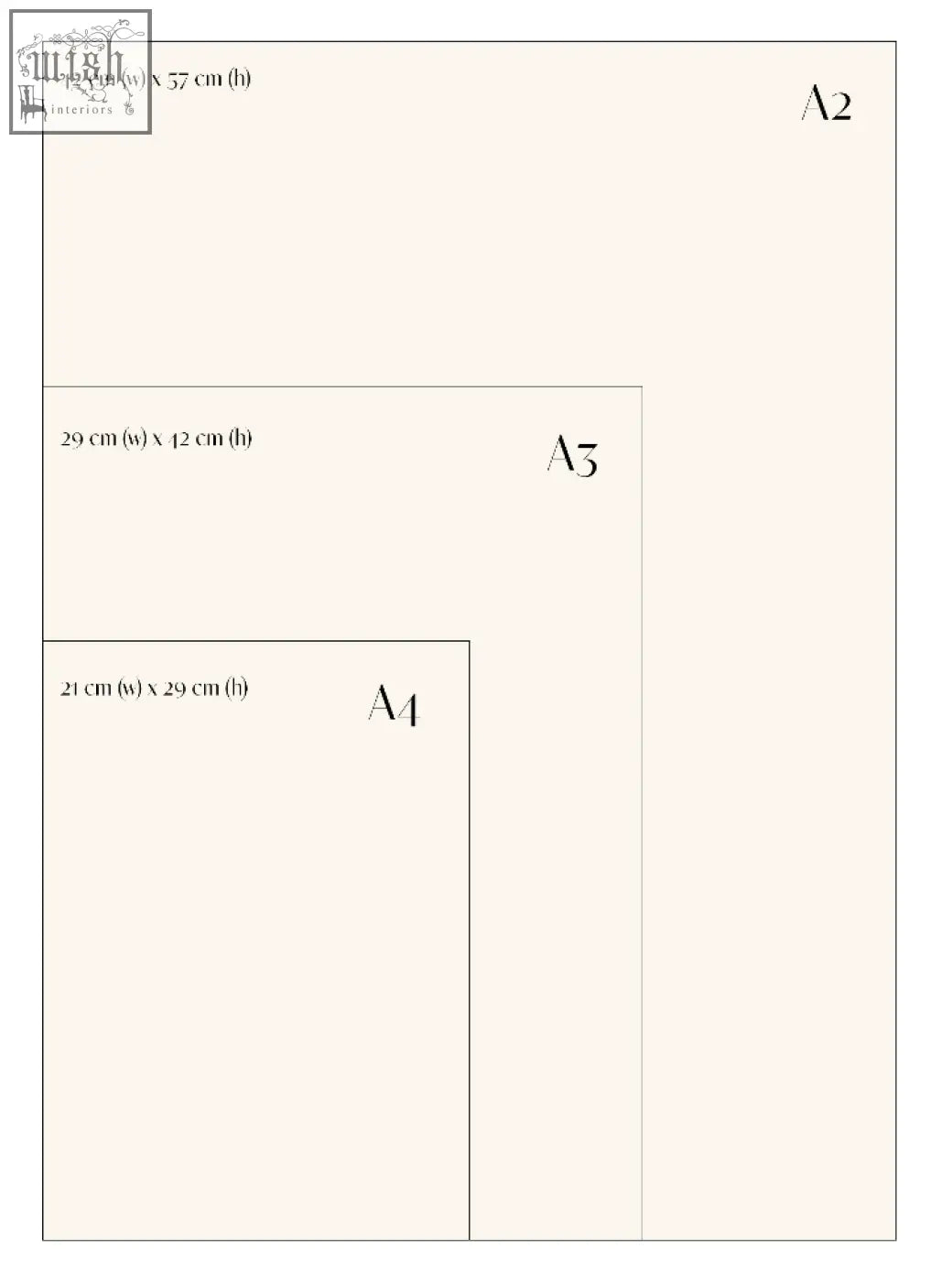 A2 a3 and a4 paper sizes shown with dimensions in cm for fika nature art print acrylic paint art print