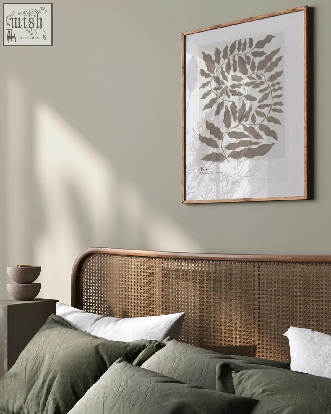 Fika nature art print featuring a muted gray leaf pattern in a light wood frame acrylic paint art print