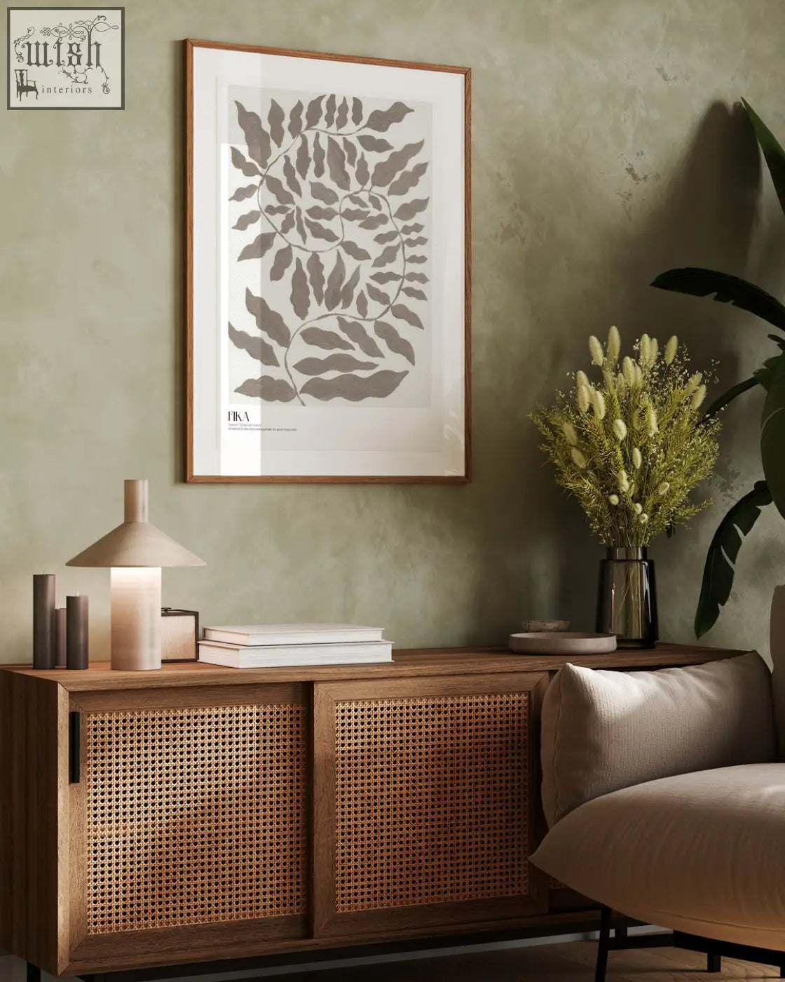A minimalist fika art print featuring gray acrylic paint leaf patterns on white paper in a wooden frame