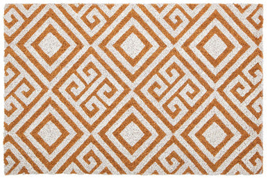 Tan and white coir doormat with geometric diamond and greek key pattern from filta for outdoor use