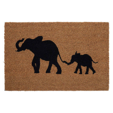 Black filta elephant and baby elephant doormat featuring baby elephant silhouette on natural coir material