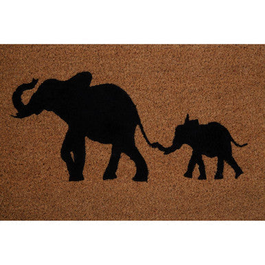 Brown coir filta elephant doormat with black silhouettes of an adult and baby elephant walking hand in hand