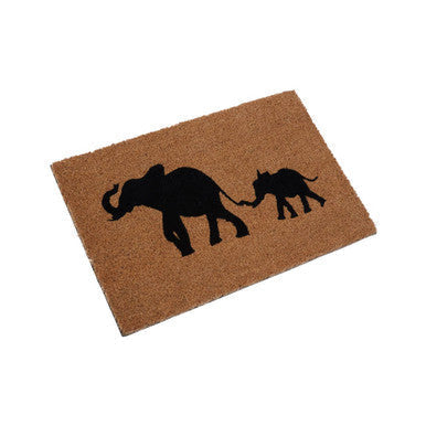 Brown coir filta elephant and baby elephant doormat with black baby elephant silhouettes for indoor outdoor use