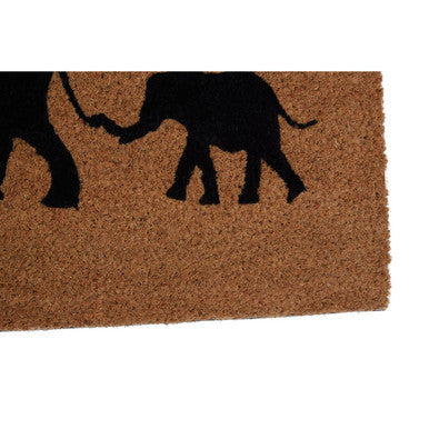 Brown coir filta elephant and baby elephant doormat with black silhouettes of two elephants walking together