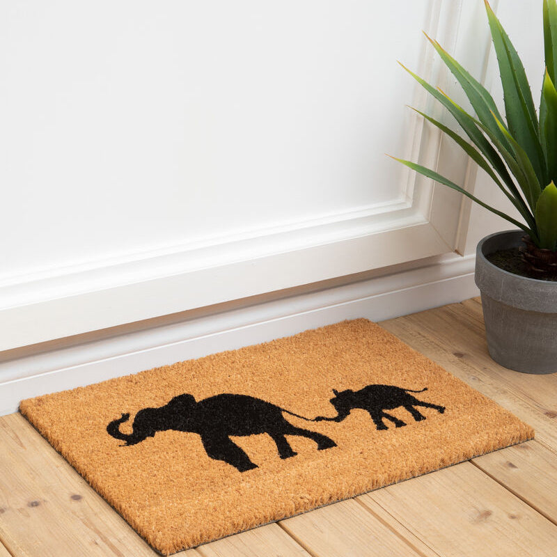 Coconut fiber baby elephant doormat with black filta elephant and baby elephant silhouettes walking together design