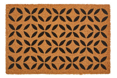 Brown coir filta flower doormat with repeating black geometric interlocking leaf pattern for outdoor use