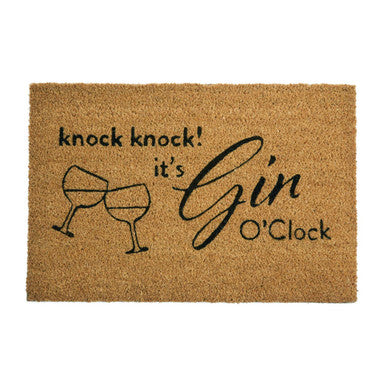 Brown coir filta gin o clock doormat with black text and gin glass illustrations perfect for gin o clock fans