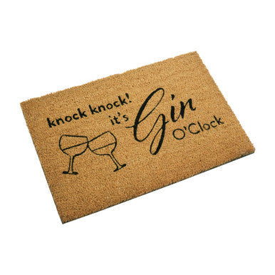 Tan coir filta gin o clock doormat with black text and wine glasses saying knock knock its gin o clock design