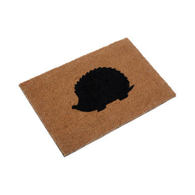 Brown coir filta hedgehog doormat with a black hedgehog silhouette perfect for outdoor use