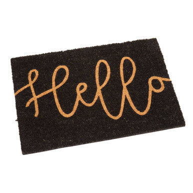 Black coir doormat with gold cursive hello lettering perfect for welcoming guests in style Filta hello design