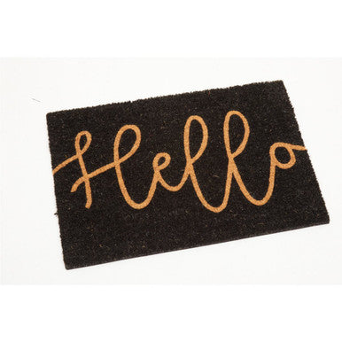 Black coir doormat with golden cursive hello script perfect for welcoming guests Filta Hello black coir doormat
