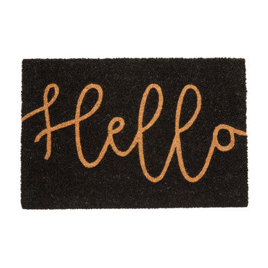 Filta hello black coir doormat with golden cursive hello script perfect for welcoming guests at entryways