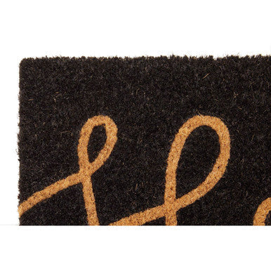 Filta hello black coir doormat with tan cursive script design perfect for wiping shoes at entryways