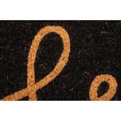 Black coir doormat with tan cursive lettering perfect for welcoming guests in style at your doorstep