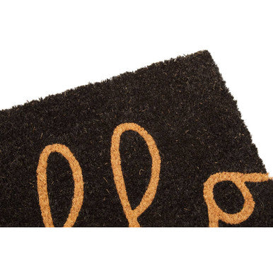 Black coir doormat with tan stylized lettering from filta perfect for wiping shoes and adding style to entryways