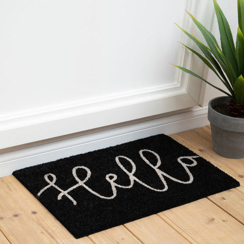 Black coir doormat with white cursive hello design perfect for welcoming guests at your doorstep