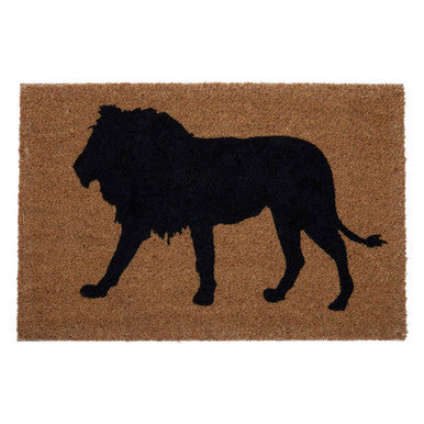 Black lion silhouette filta lion doormat on brown coir background perfect lion doormat for entryways