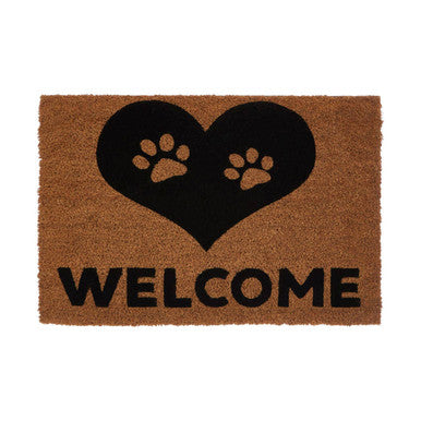 Brown coir filta paw heart doormat with black heart paw prints and bold welcome text for pet lovers