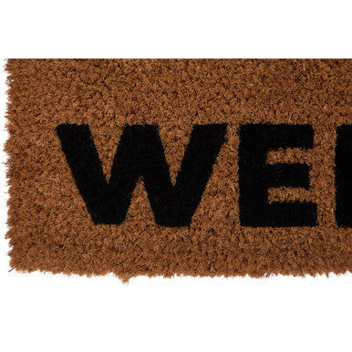 Brown coir filta paw heart doormat with bold black lettering spelling wel for outdoor use